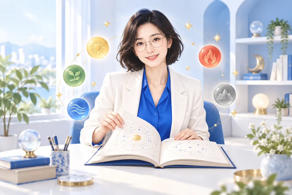푸른 셔츠를 입은 여성 선생님 사주쌤이 사주 책을 펼쳐 보여주는 일러스트