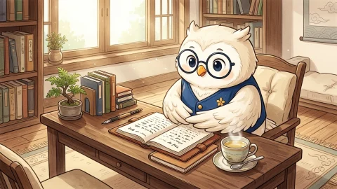 안경과 파란 조끼를 입은 사주쌤 부엉이가 서재 책상에 앉아 따뜻하게 경청하는 모습