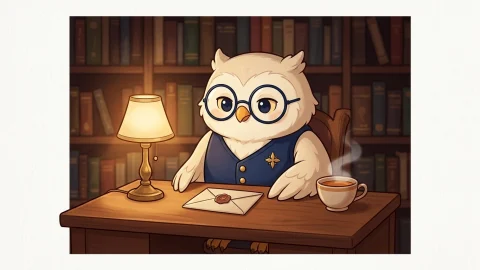 안경과 파란 조끼를 입은 사주쌤 부엉이가 따뜻한 서재 책상에서 조용히 편지를 바라보는 모습