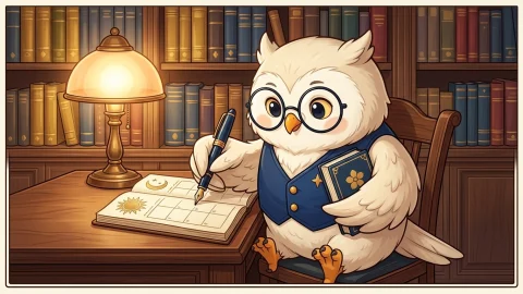 안경을 쓰고 파란 조끼를 입은 부엉이 사주쌤이 서재 책상에서 달력 수첩을 짚어보고 있는 모습